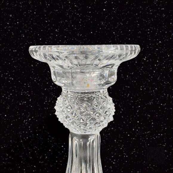 1980s Clear Crystal Diamond Point Candle Stick Holder Set 2 Candle Holder VTG - Picture 2 of 15